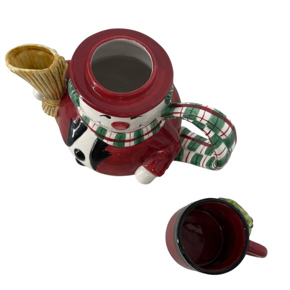 Fitz And Floyd Snack Therapy Snowman Teapot Cup Set Vintage Red Black with Box - Picture 4 of 14